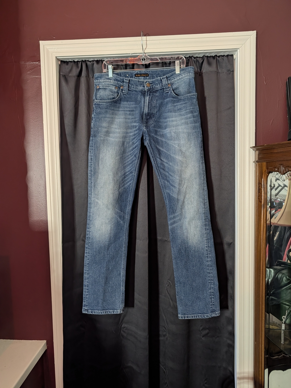 NUDIE JEANS Thin Finn Indigo Fusion Slim Straight Blue Washed Denim Jeans 33x32